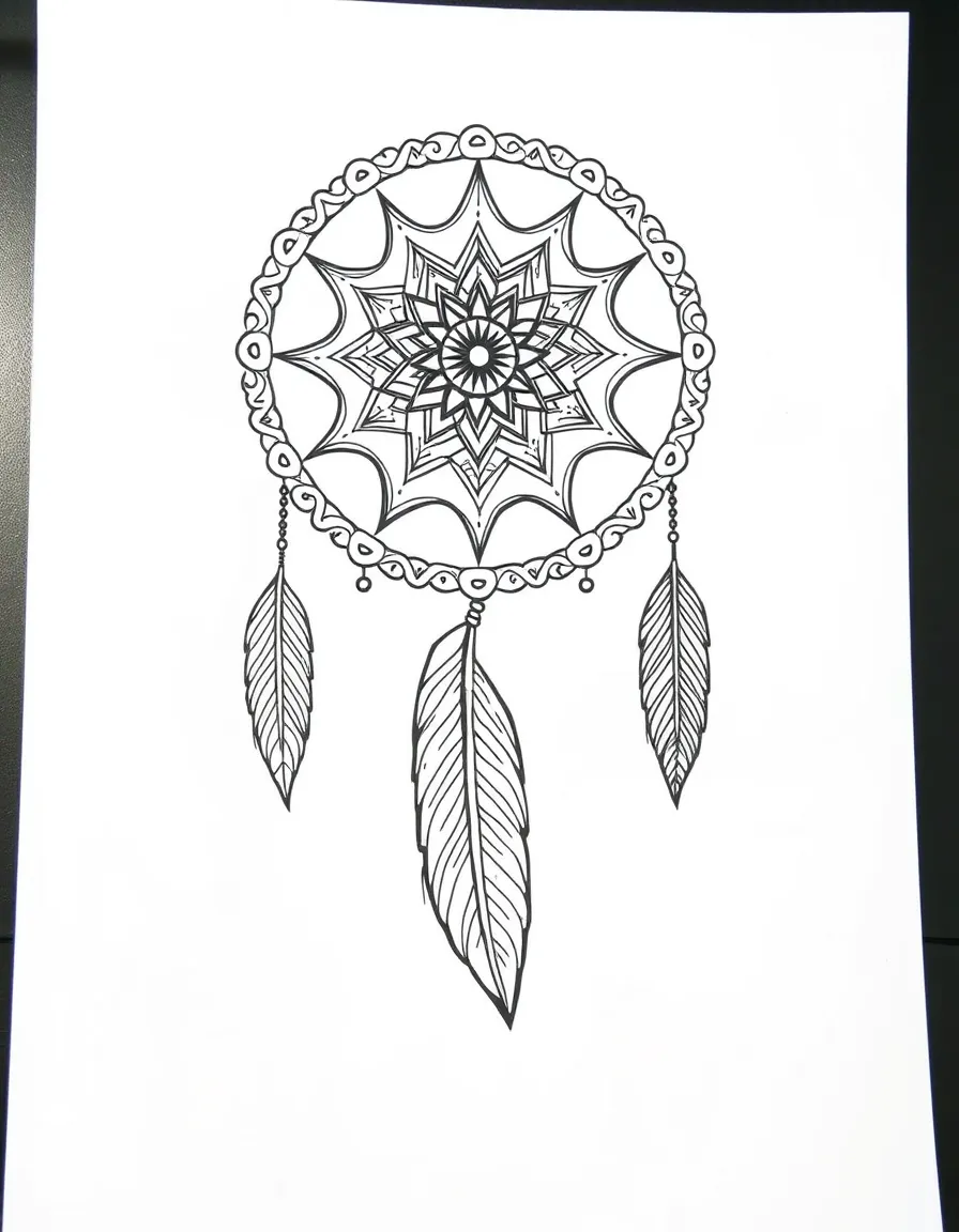 Zentangle dreamcatcher with web and feather patterns