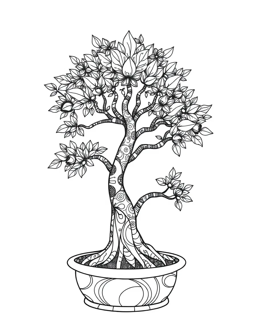 Zentangle bonsai tree with trunk and foliage patterns
