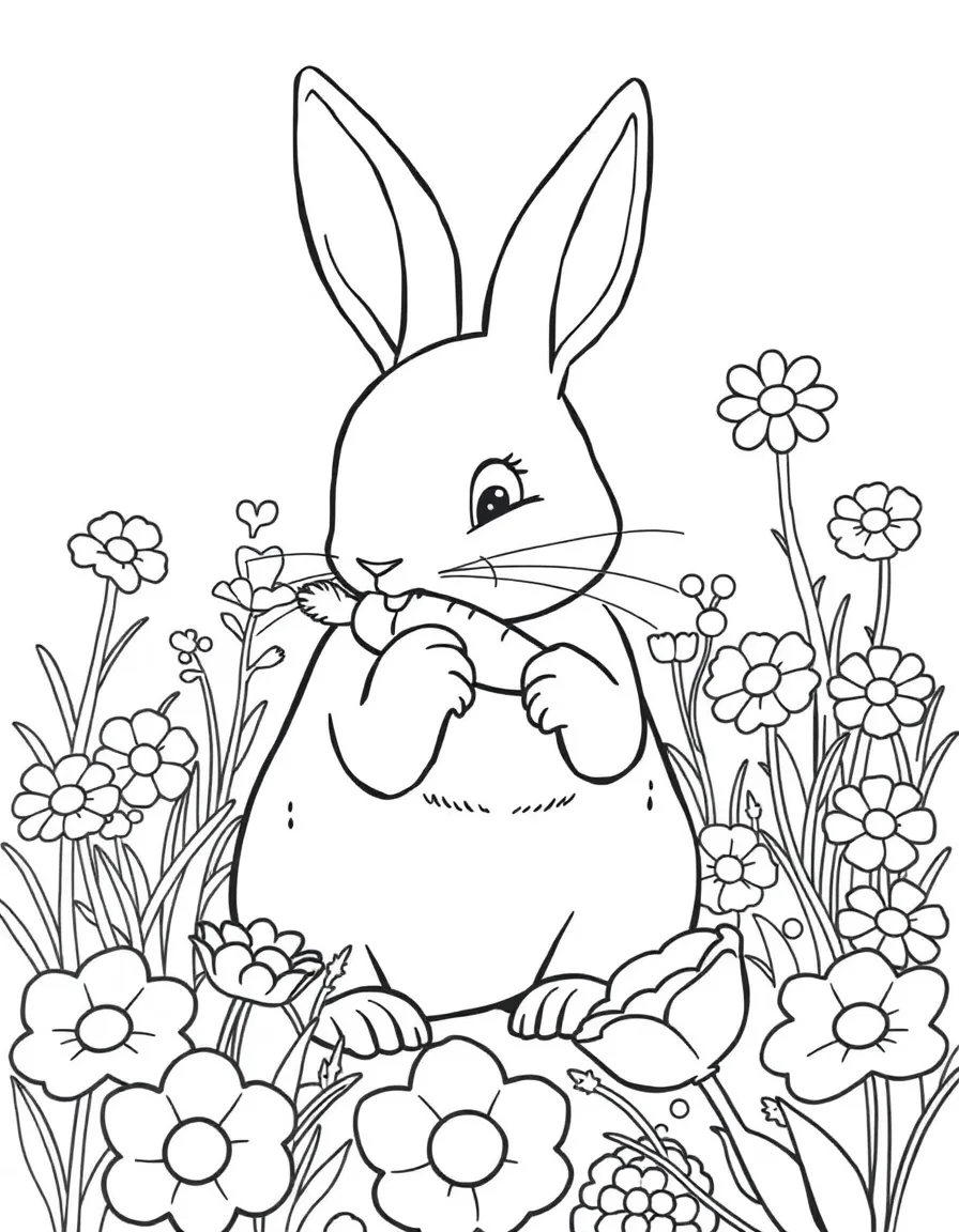 A rabbit nibbling on a carrot in a garden full of flowers.