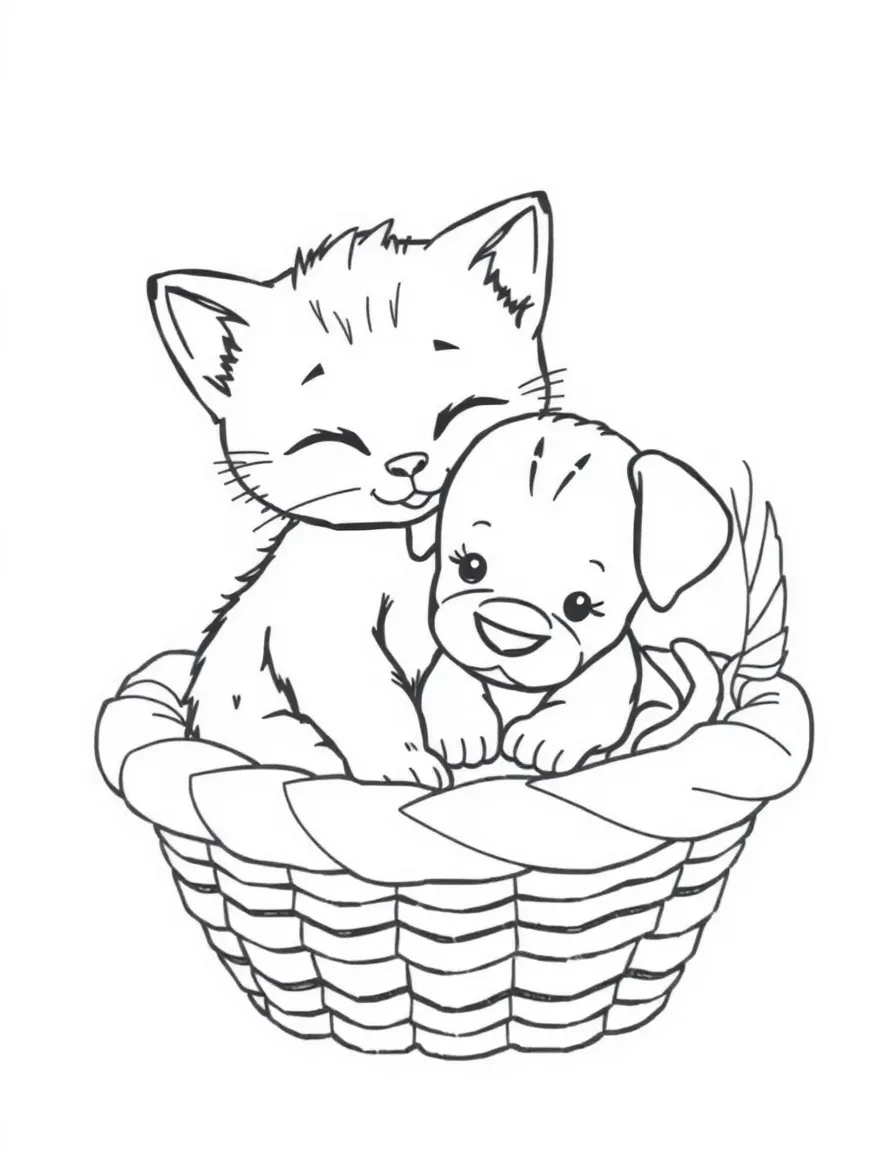 A kitten and a puppy cuddling together in a basket.