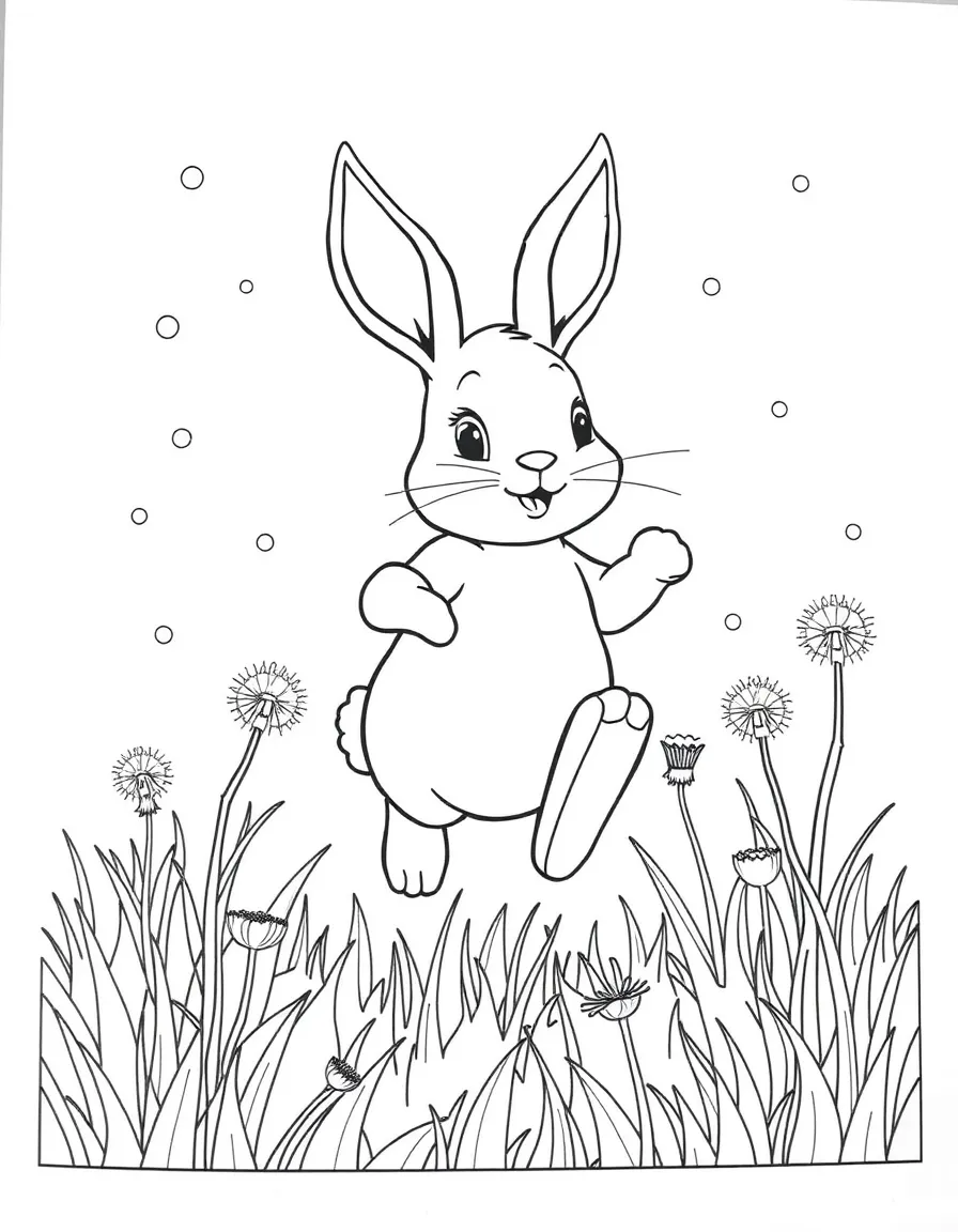 A rabbit hopping through a field of dandelions.