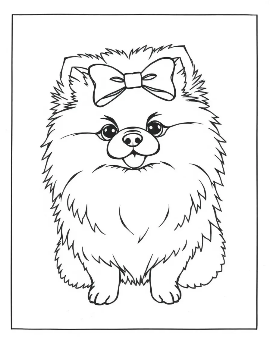 A fluffy Pomeranian with a bow on its head.