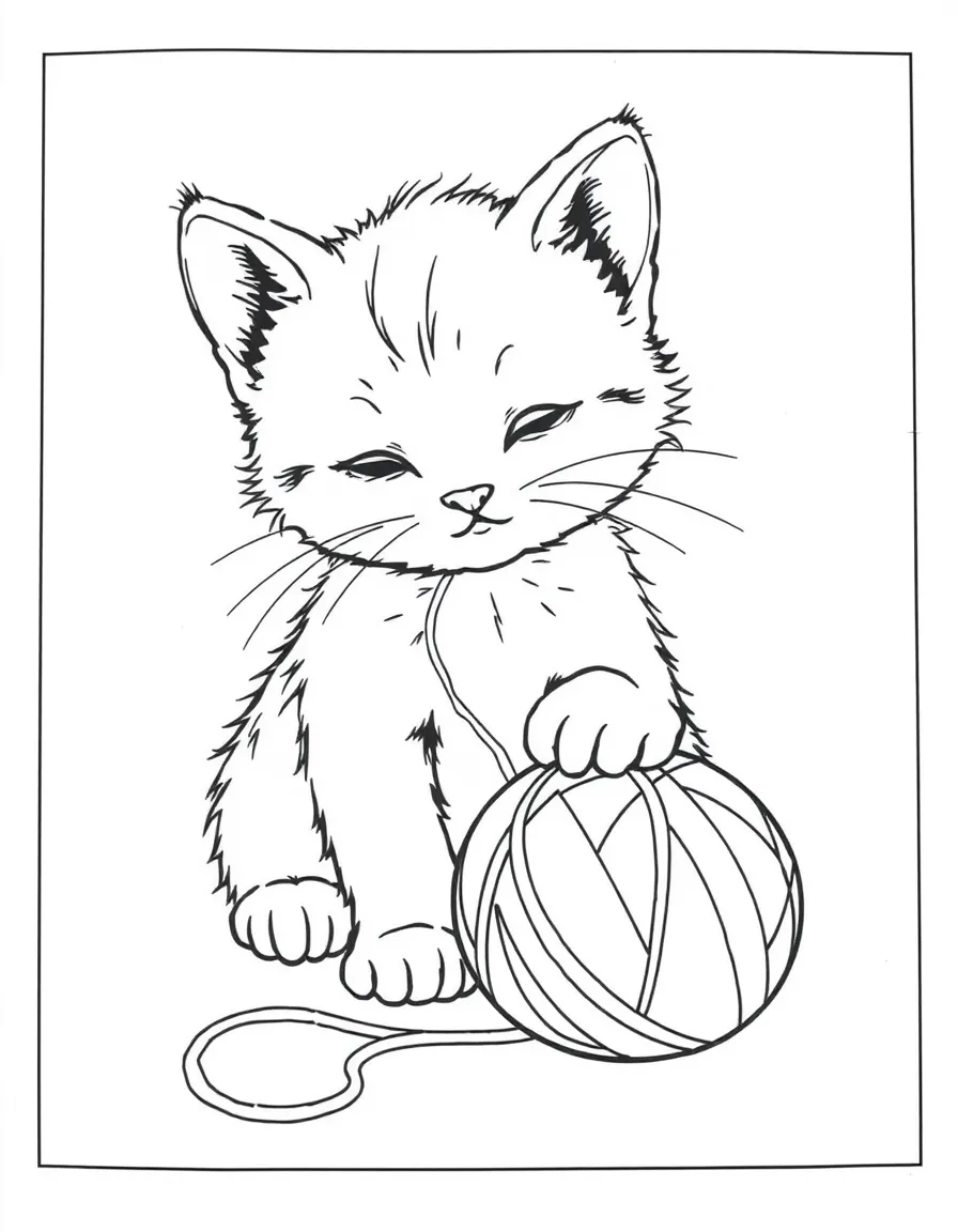 A kitten playing with a ball of yarn.