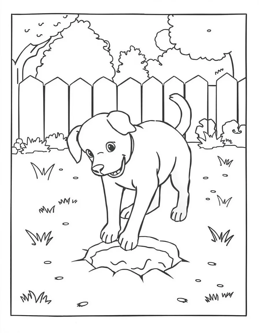 A dog digging a hole in the backyard.