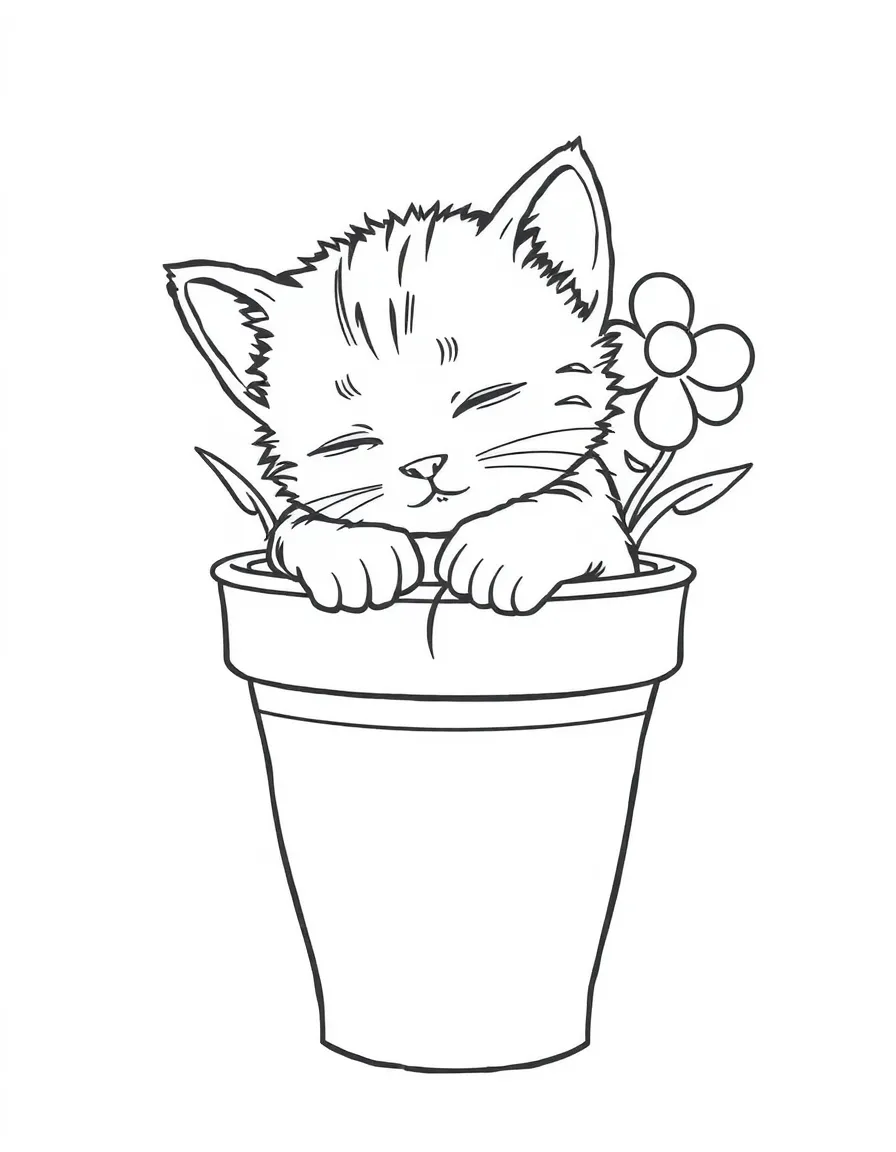 A kitten sleeping inside a flower pot.