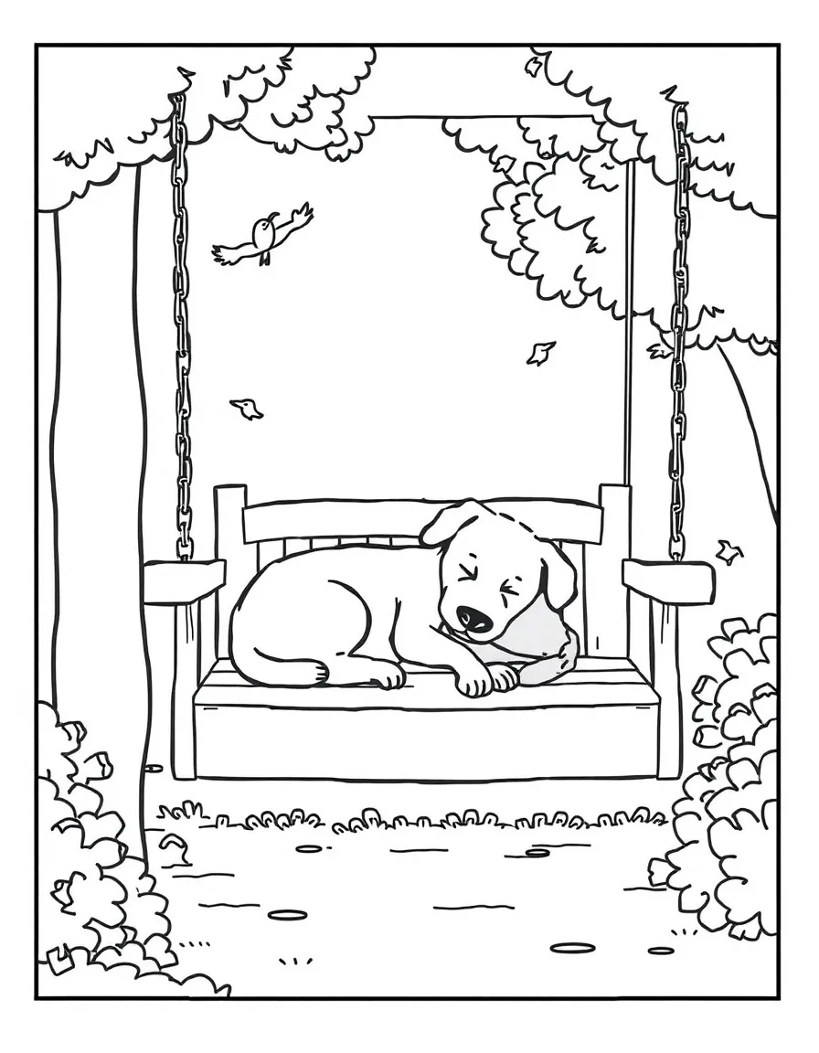 A dog taking a nap on a porch swing.