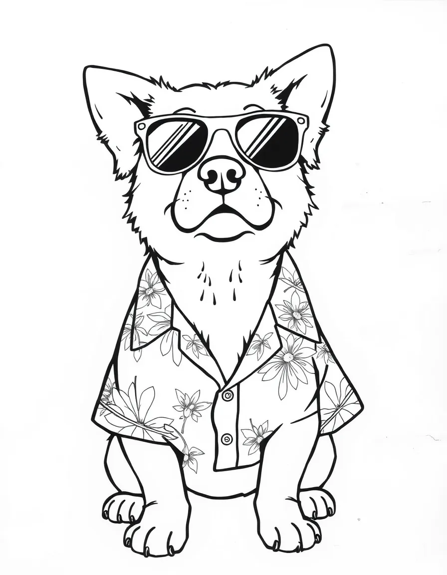 A dog wearing sunglasses and a Hawaiian shirt.