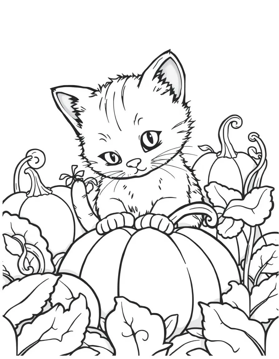 A kitten exploring a pumpkin patch.
