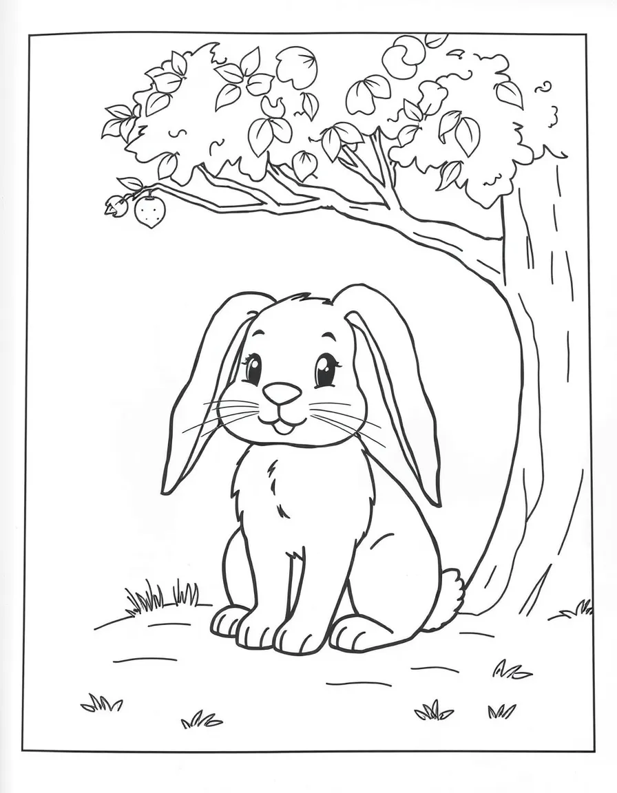 A rabbit with long floppy ears sitting under a tree.
