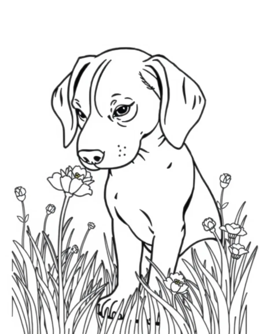 A beagle sniffing flowers in a meadow.
