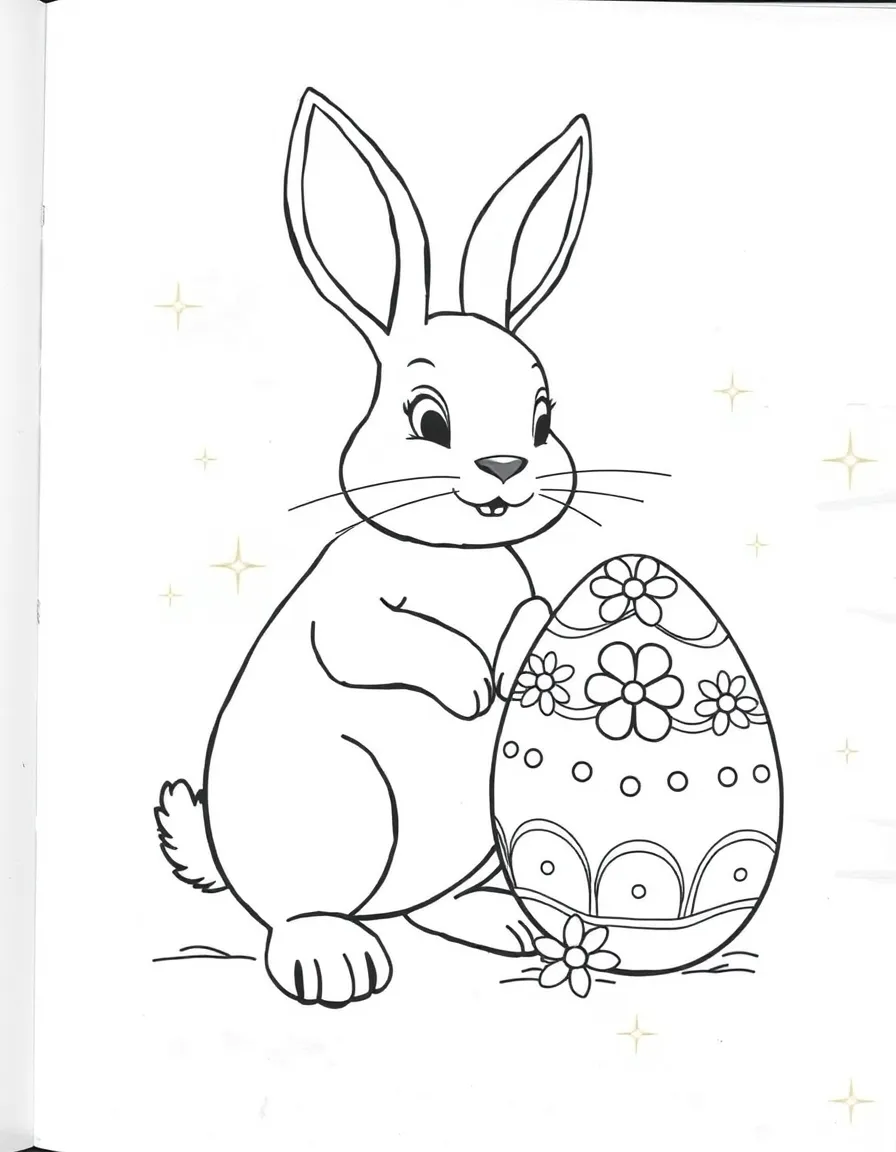A rabbit standing next to a decorated Easter egg.