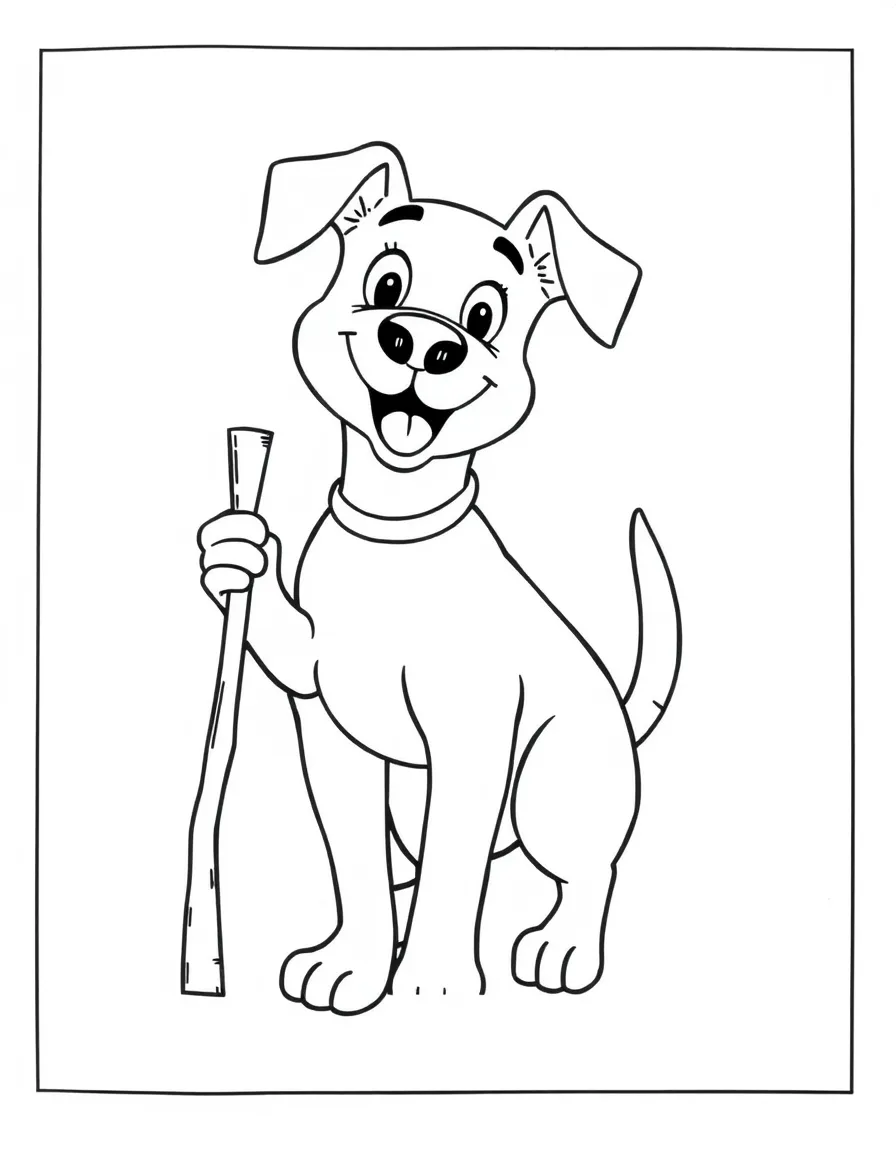 A dog wagging its tail while holding a stick.