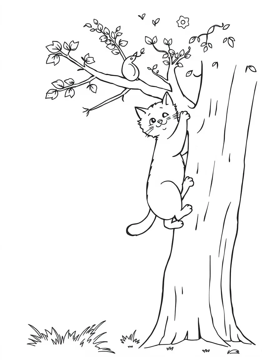 A cat climbing a tree to chase a squirrel.