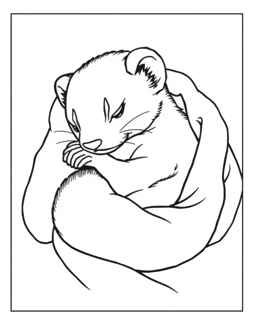 A ferret curled up in a soft blanket.