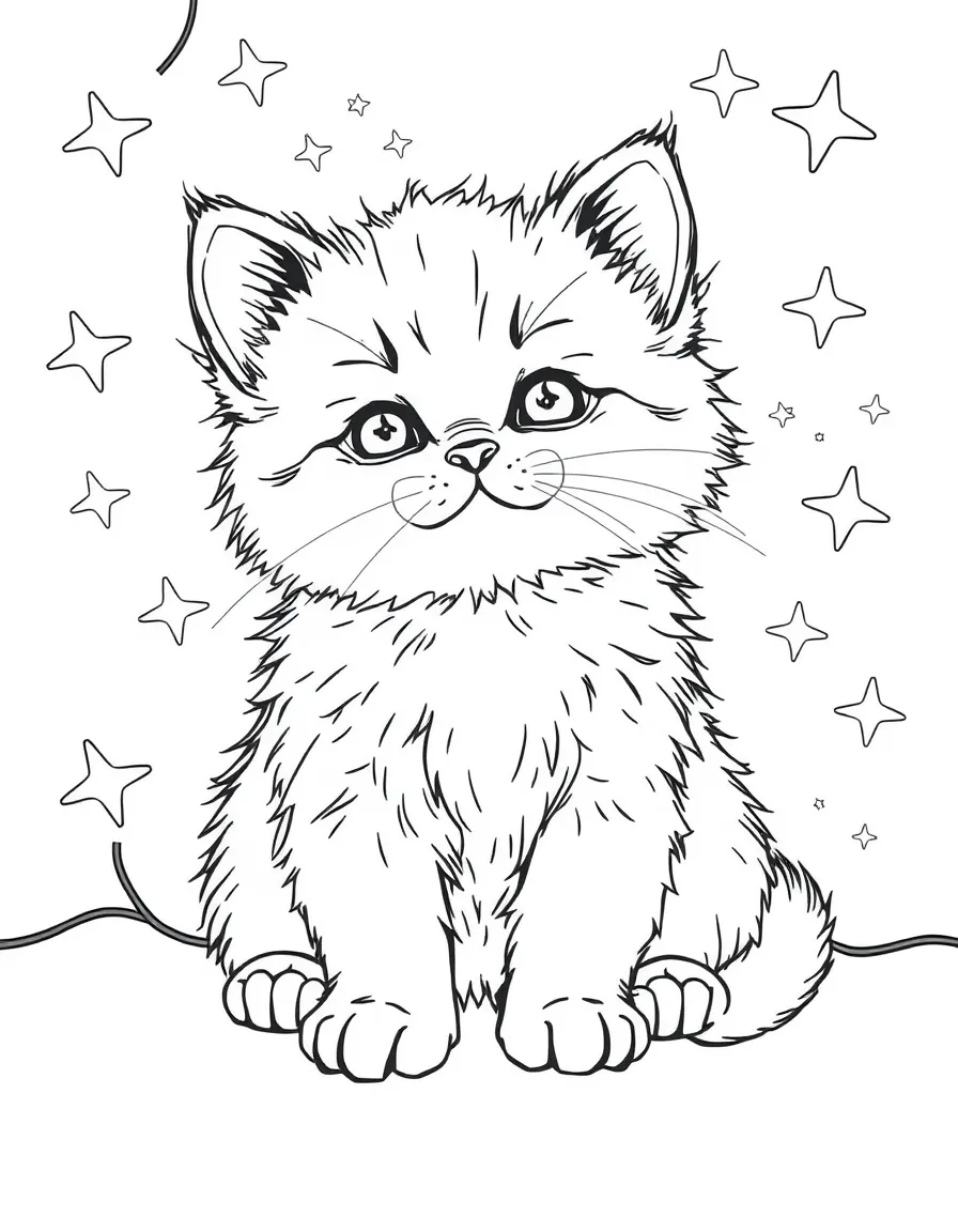 A fluffy kitten surrounded by twinkling fairy lights.