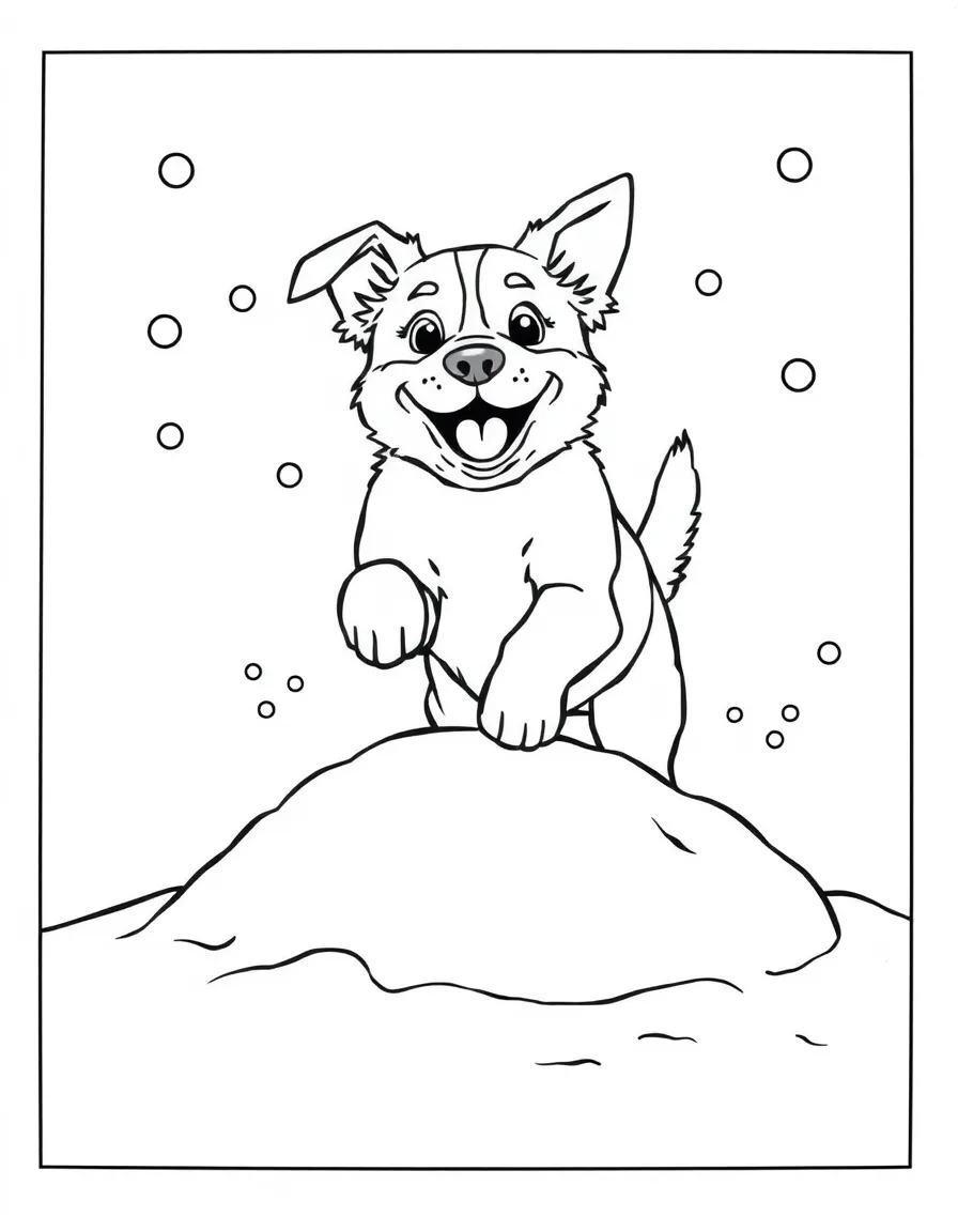 A dog happily jumping into a pile of snow.