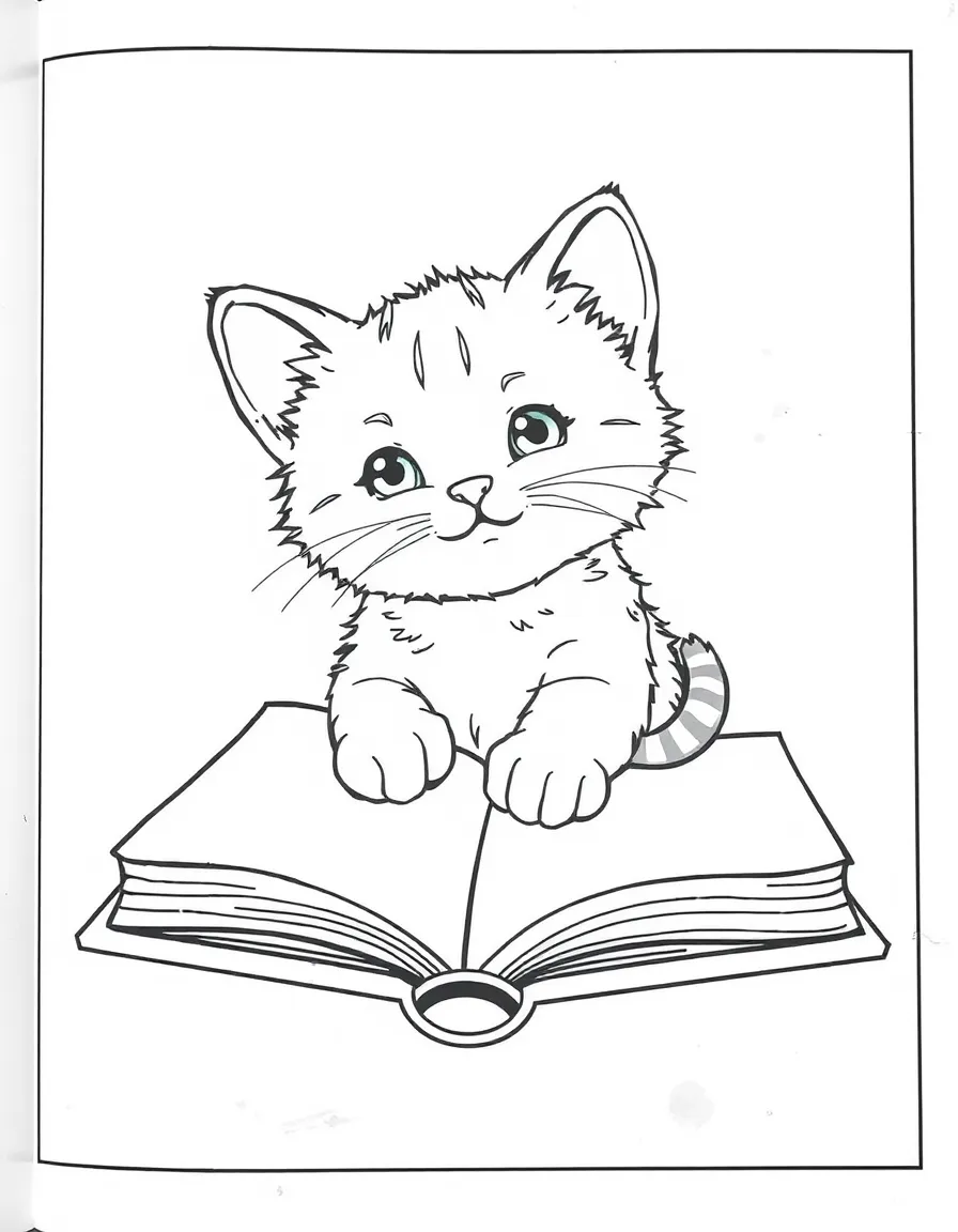 A kitten hiding inside an open book.