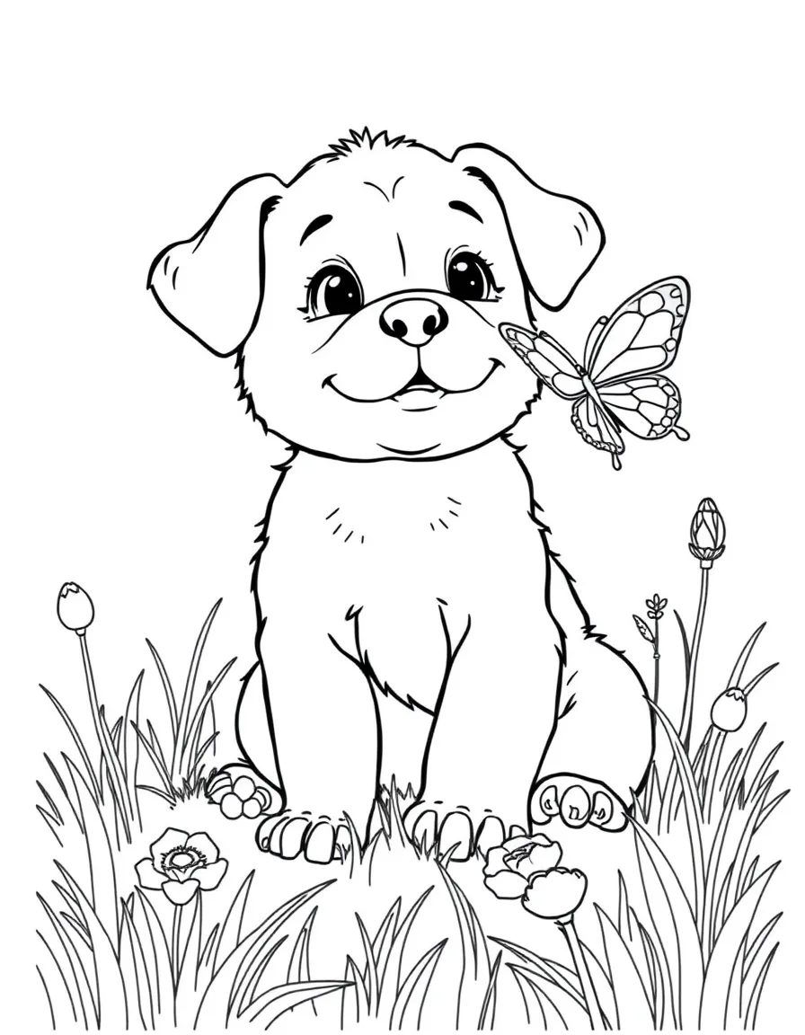 A puppy playing with a butterfly in a meadow.