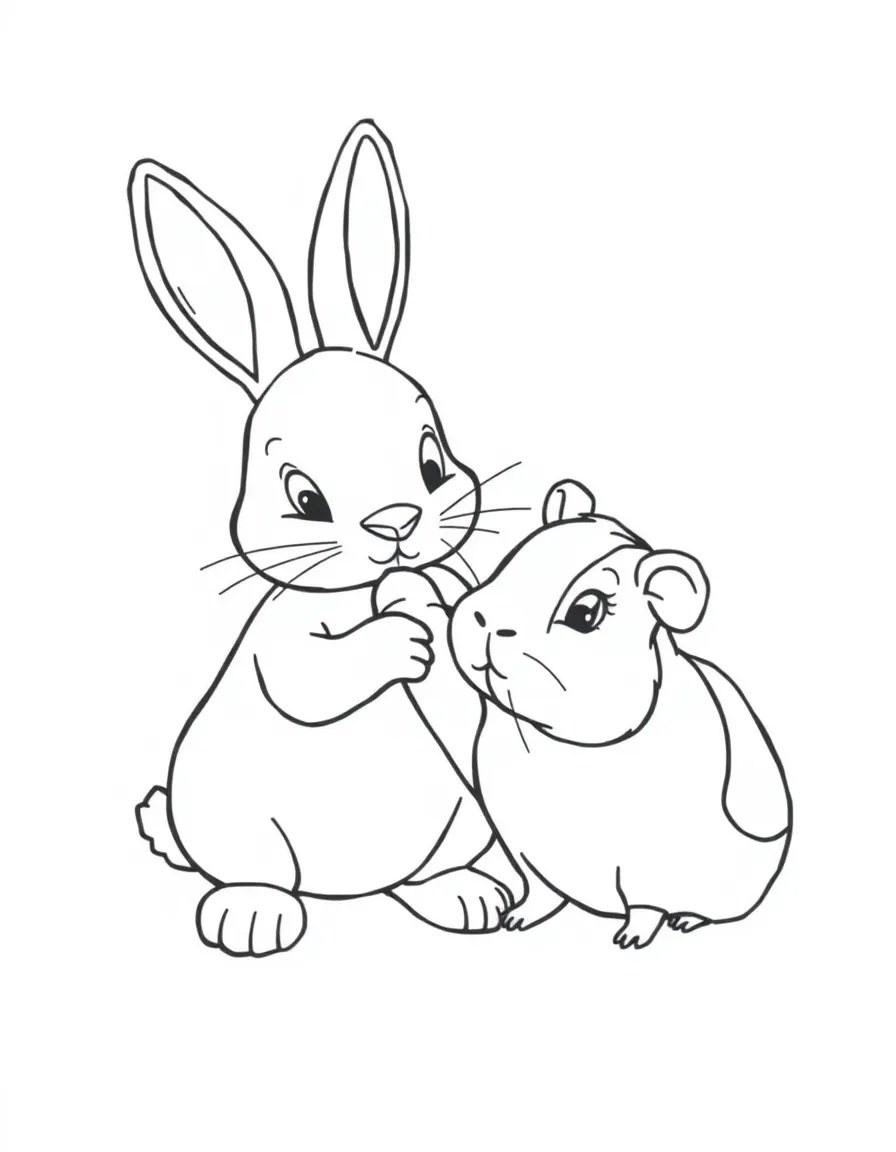 A rabbit and a guinea pig sharing a carrot.