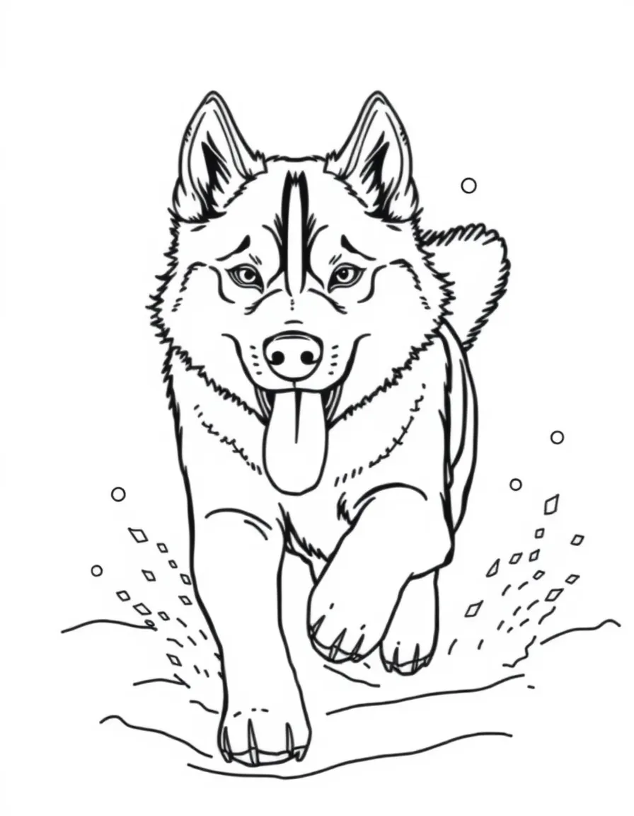 A husky running through the snow with its tongue out.