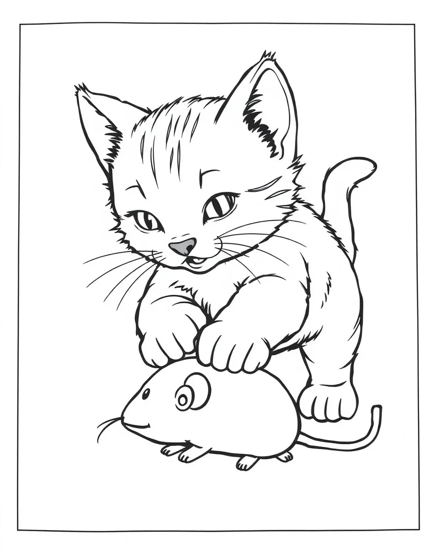 A kitten pouncing on a toy mouse.