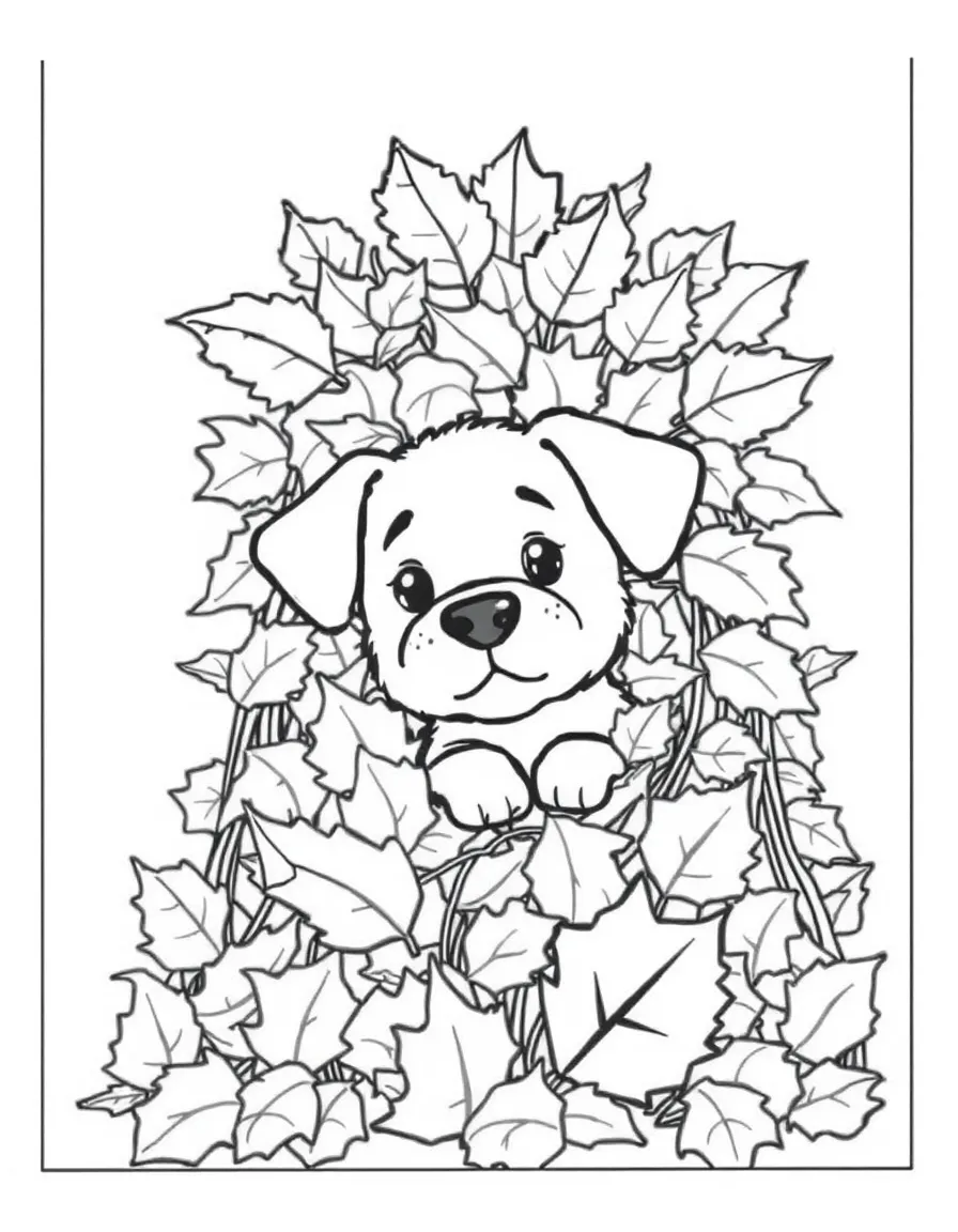 A puppy hiding inside a tall pile of autumn leaves.