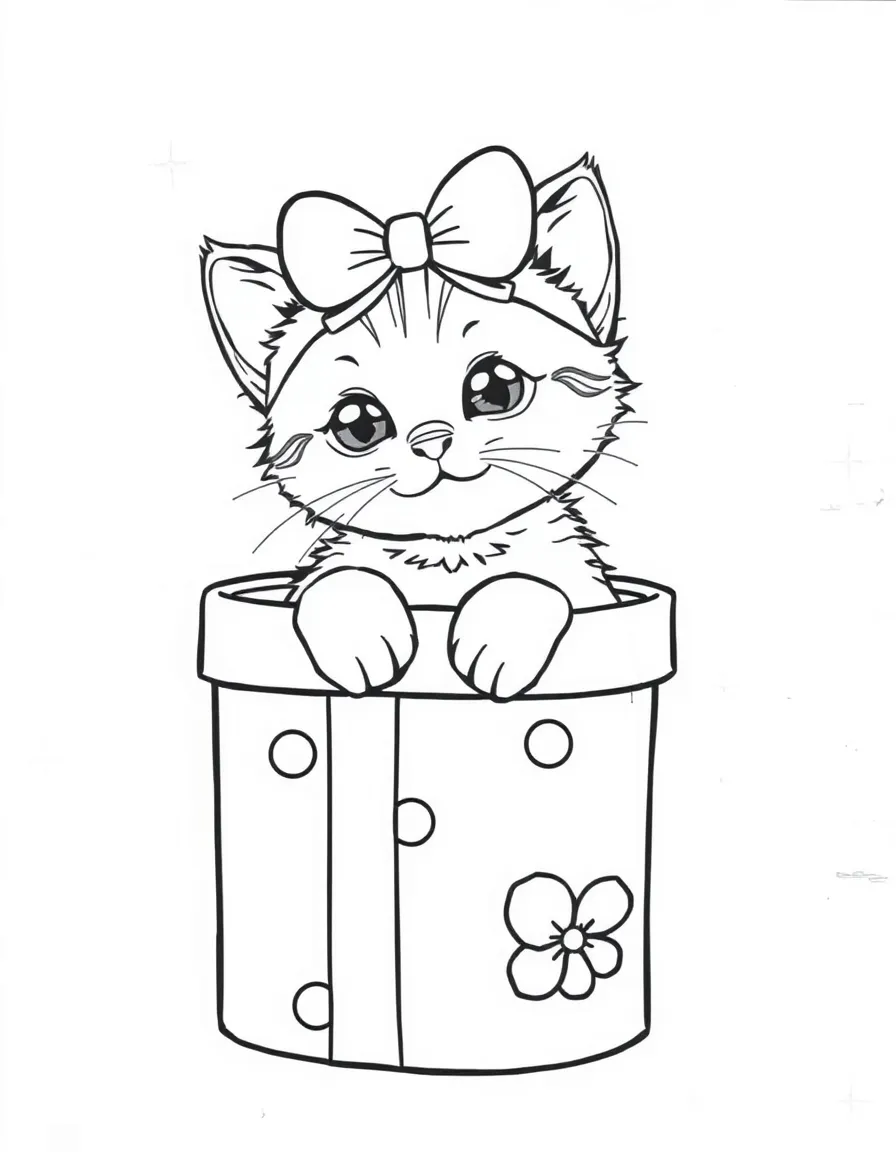 A kitten inside a Christmas present box.