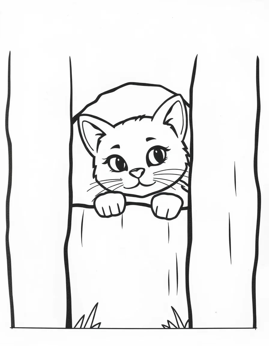 A cat peeking through a hole in a fence.