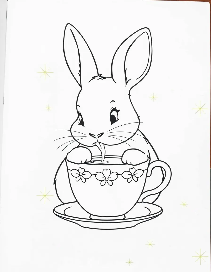 A rabbit drinking from a tiny teacup.
