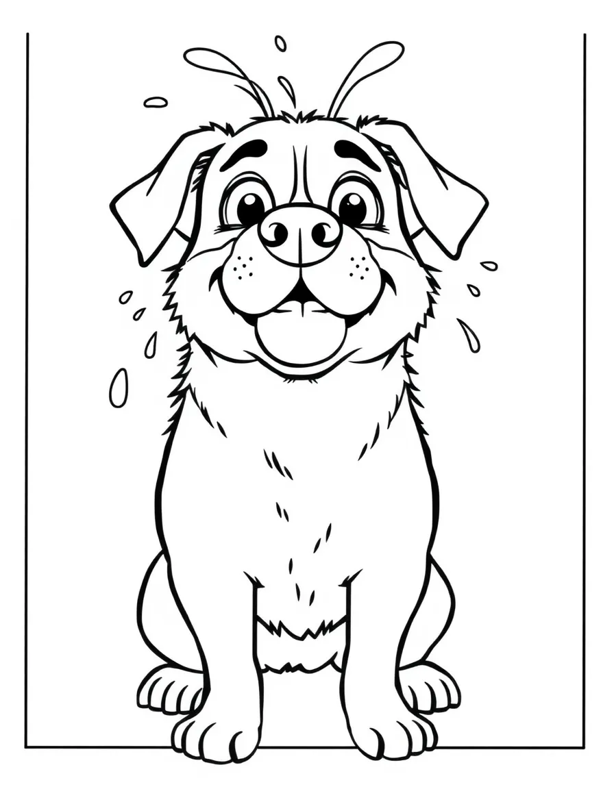 A dog making a funny face while shaking off water.