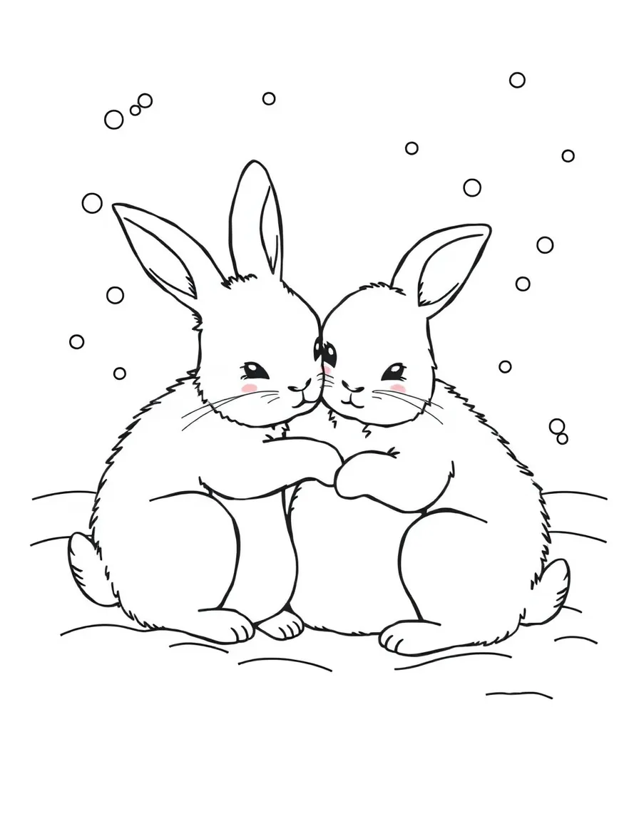 A group of bunnies snuggling together in the winter snow.