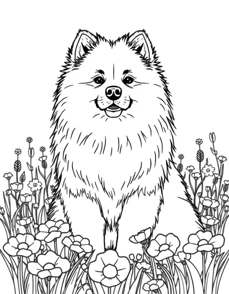 A fluffy Samoyed sitting in a flower field.