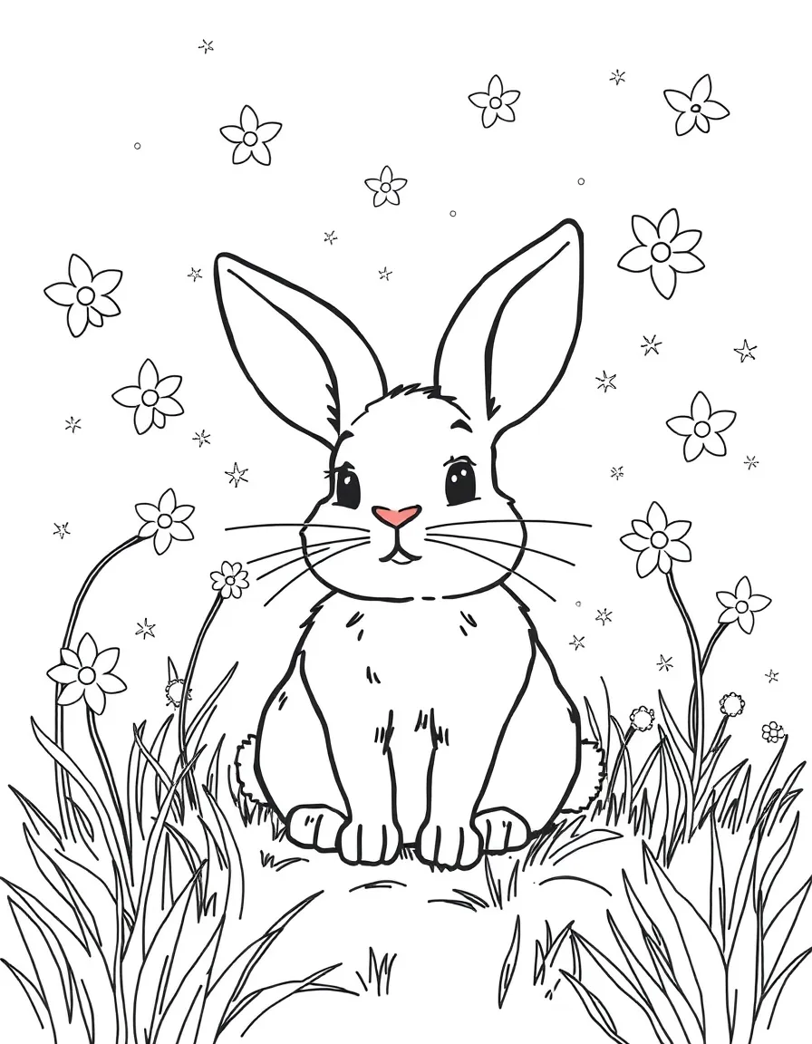 A rabbit surrounded by twinkling fireflies at night.