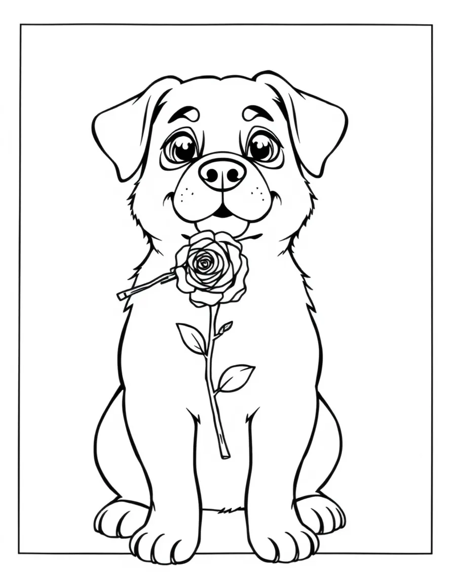 A dog holding a single rose in its mouth.