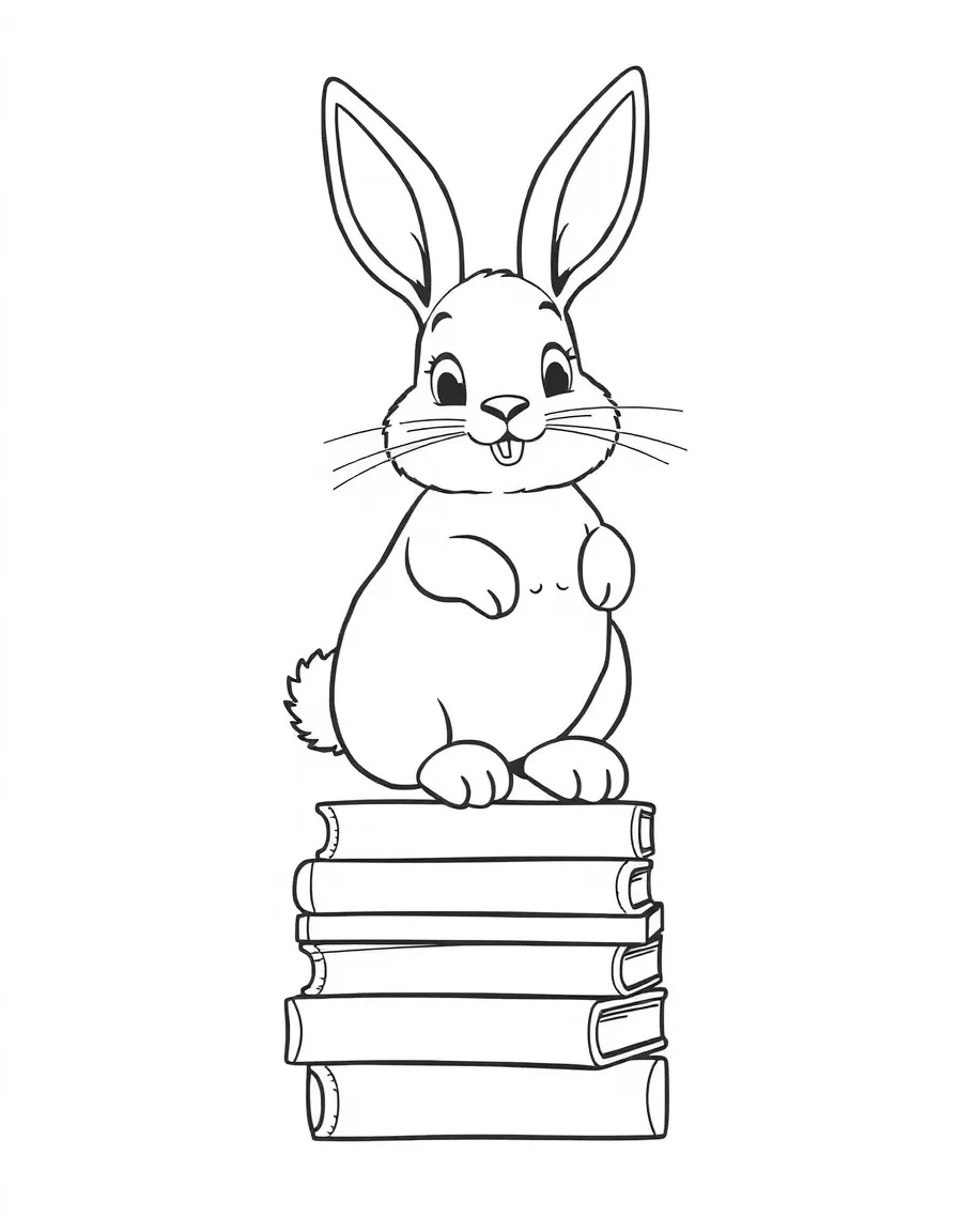 A bunny standing on a stack of books.