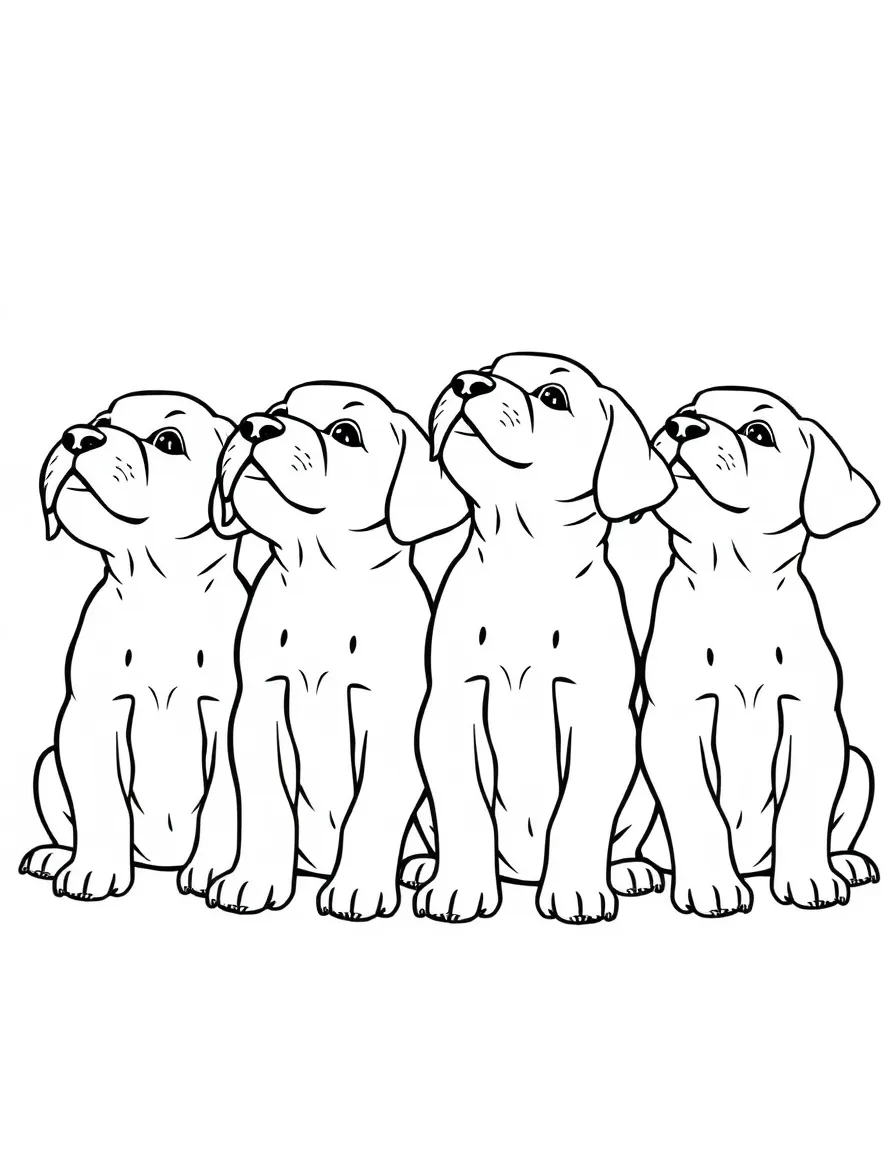A group of puppies sitting in a row, looking up in unison.