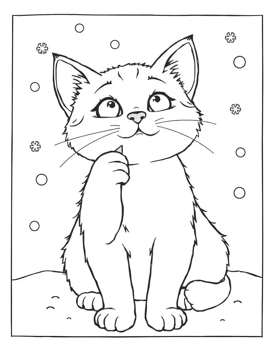 A cat curiously poking at a snowflake.