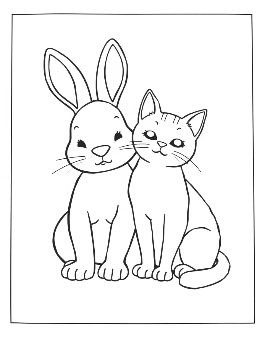 A rabbit and a cat sitting together peacefully.