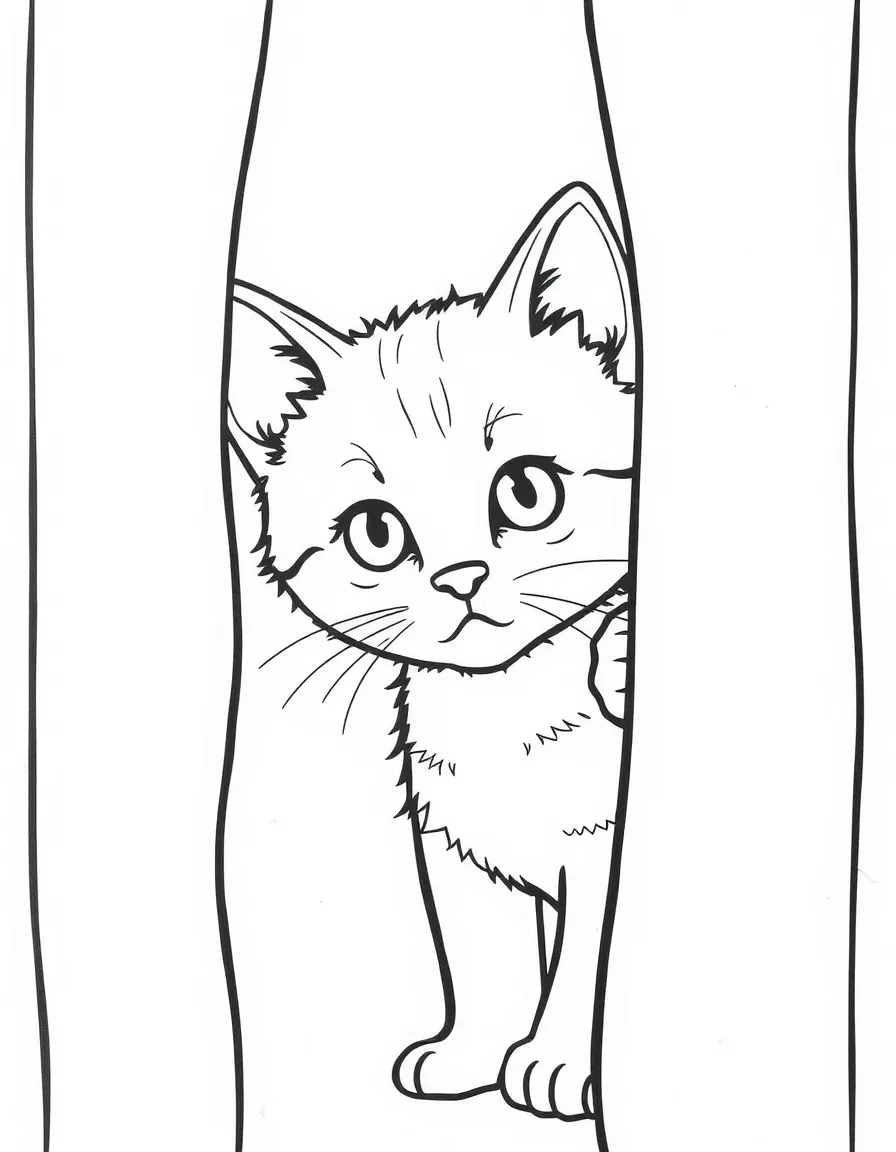 A kitten peeking from behind a curtain.