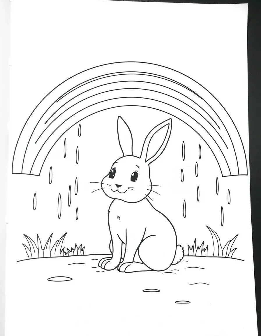 A rabbit sitting under a rainbow after a rainy day.