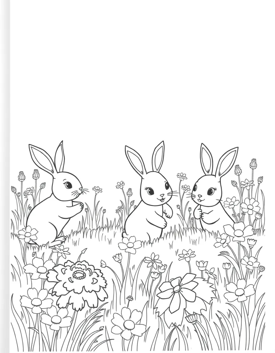 A group of bunnies playing in a field of flowers.