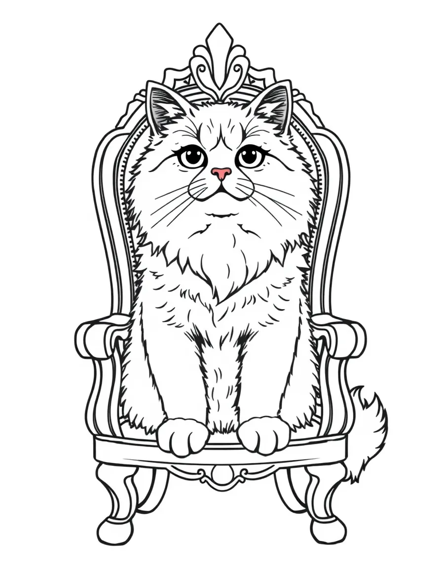 A fluffy Persian cat sitting on a throne-like chair.