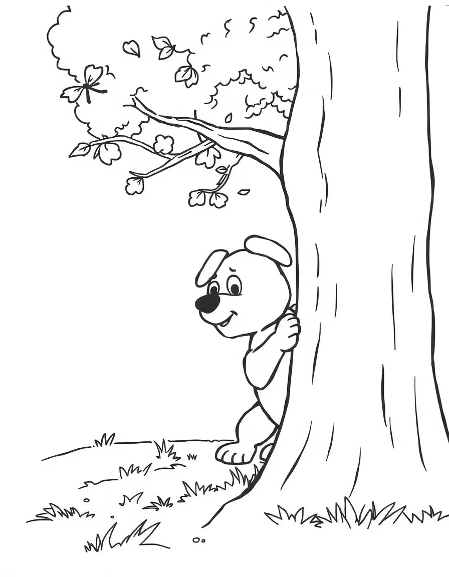 A dog playing hide and seek behind a tree.