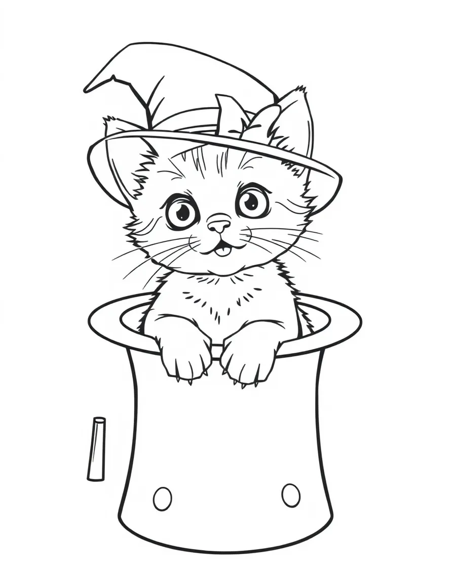 A kitten sitting inside a magician's hat, looking surprised.