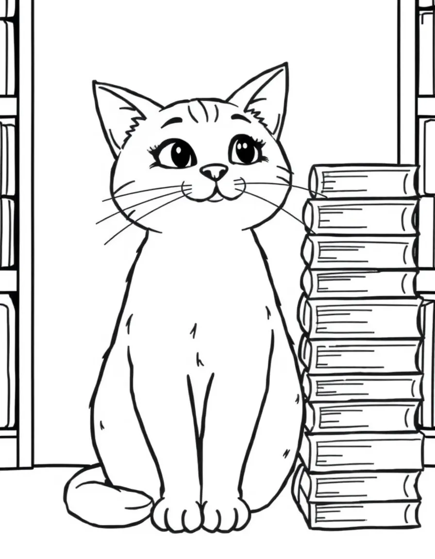 A cat sitting beside a stack of books in a library.