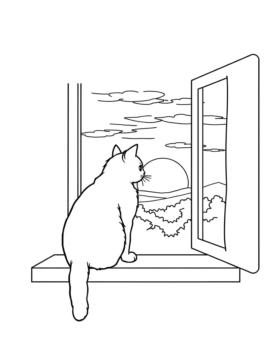 A cat standing on a windowsill, watching the sunset.