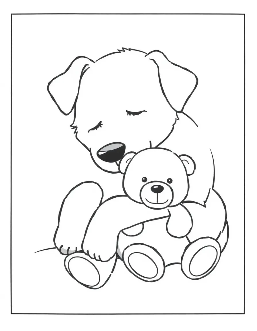A dog sleeping peacefully with a teddy bear.