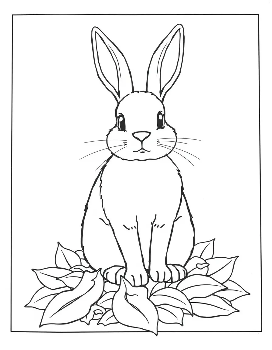 A rabbit standing on a pile of leaves, ears perked up.