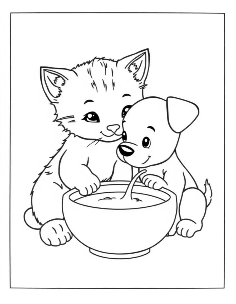 A kitten and a puppy sharing a bowl of milk.