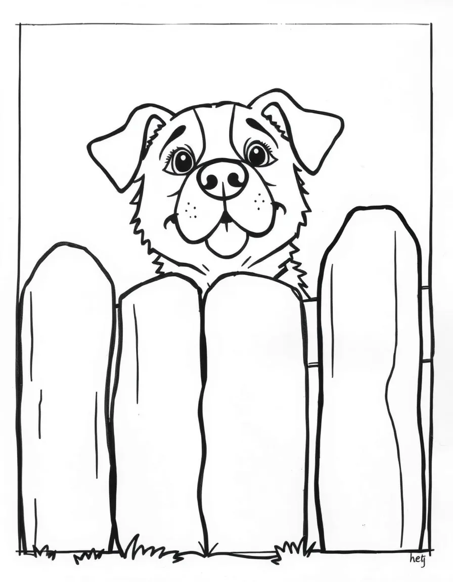A dog peeking out from behind a fence.